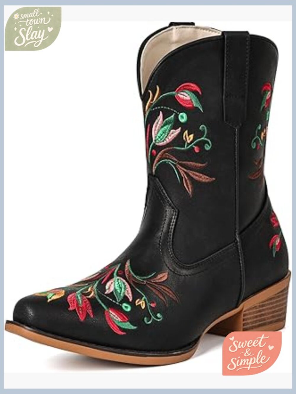 Women's Western Ankle Cowboy Boots Snip Toe Chunky Heel Stitched Embroidery